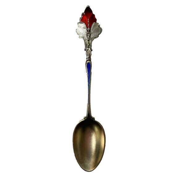 Rare Antique Silver Souvenir Spoon 4.7 inch Red Blue Enamel Handle Collectable - Picture 1 of 10